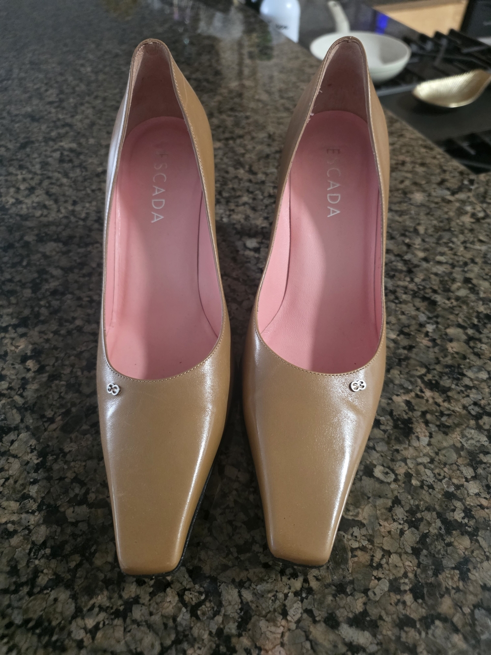 Escada Tan Leather Pointed-Toe Pumps with Pink Insole